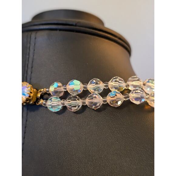 Vintage 1950s Double Strand Faceted Austrian AB Crystal Fancy Clasp Necklace - Picture 4 of 7